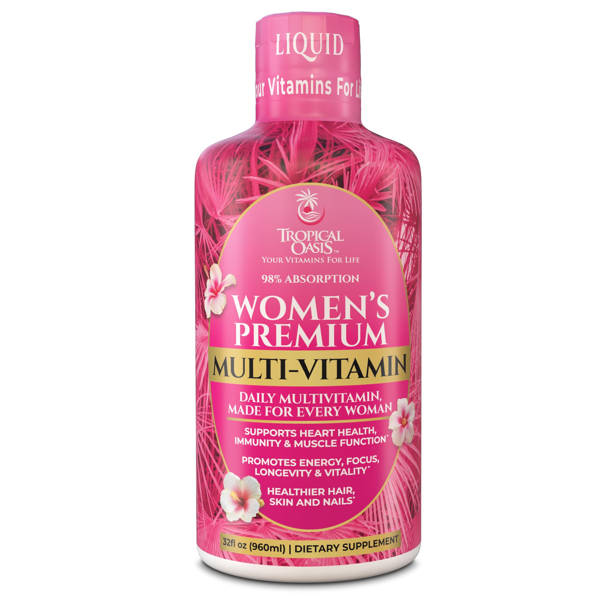 Tropical Oasis Premium Liquid Multivitamin bottle showing sugar-free formula for daily vitality