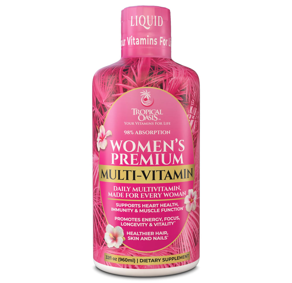 Tropical Oasis Premium Liquid Multivitamin bottle showing sugar-free formula for daily vitality