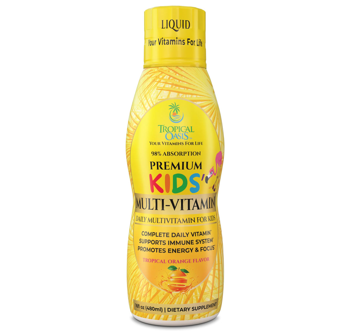 Tropical Oasis premium liquid multivitamin for kids bottle with vibrant label