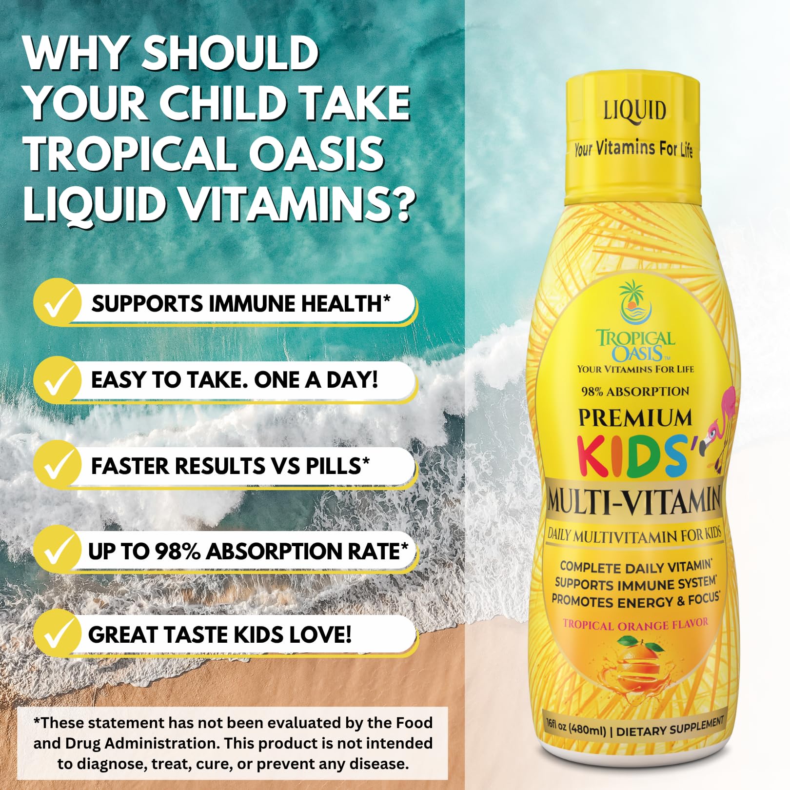Tropical Oasis fruit-flavored kids multivitamin liquid bottle highlighting sugar-free formula
