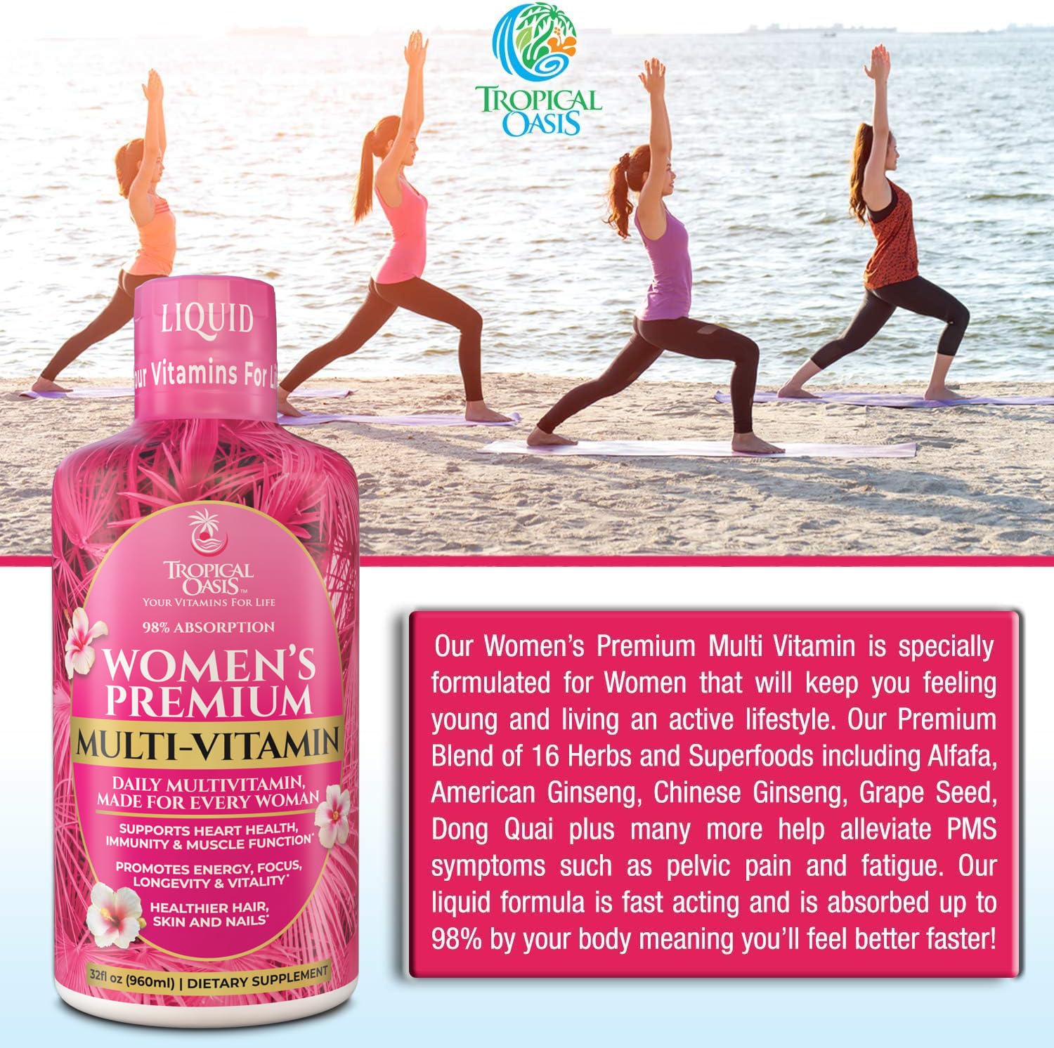 Tropical Oasis Women's Multivitamin label closeup highlighting premium ingredients