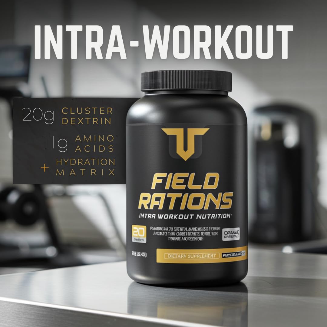 Troponin Field Rations scoop beside tub emphasizes easy prep for workouts