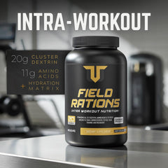 Troponin Field Rations scoop beside tub emphasizes easy prep for workouts
