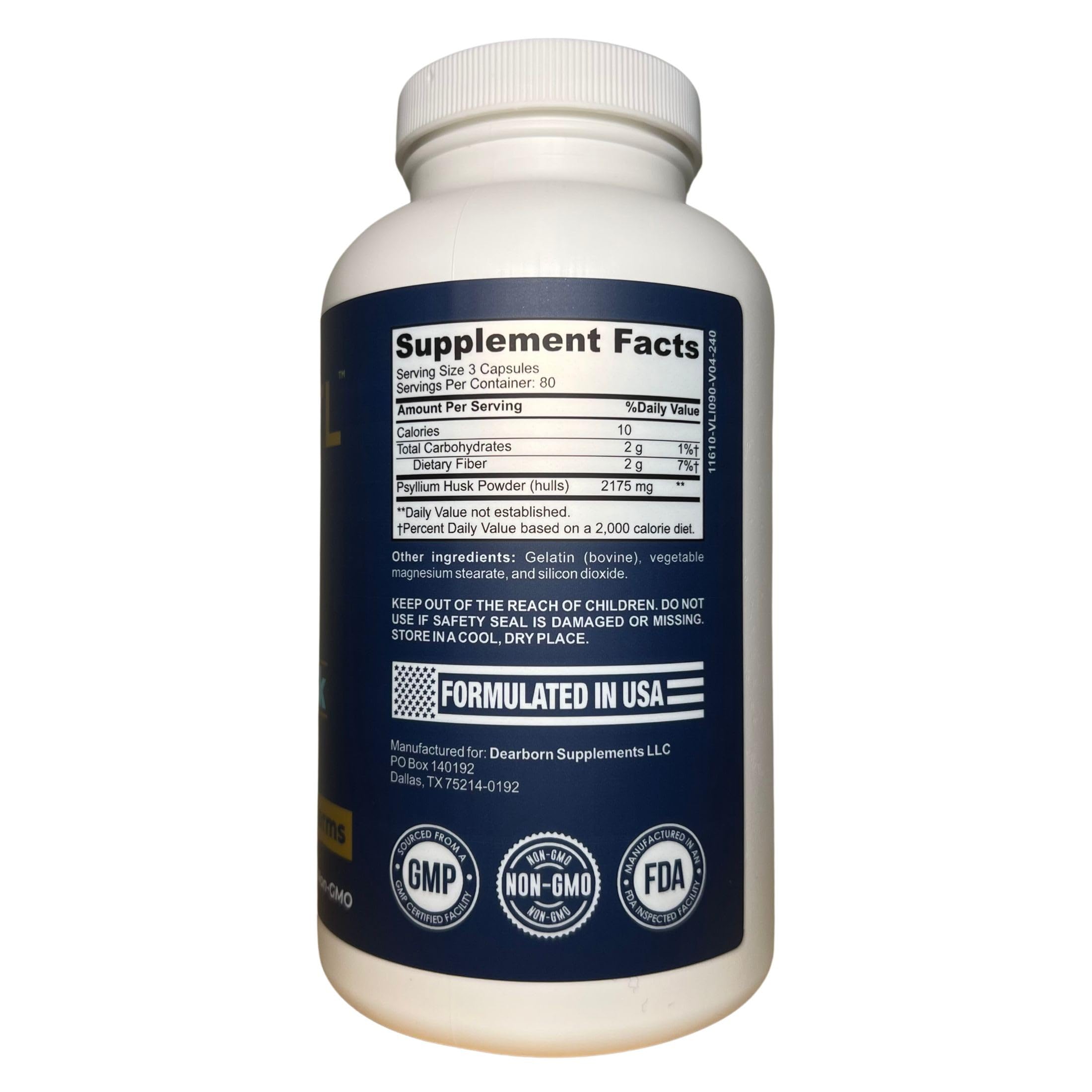 TRTL Psyllium Husk Capsules bottle side view showing 240-count supply for long-term use