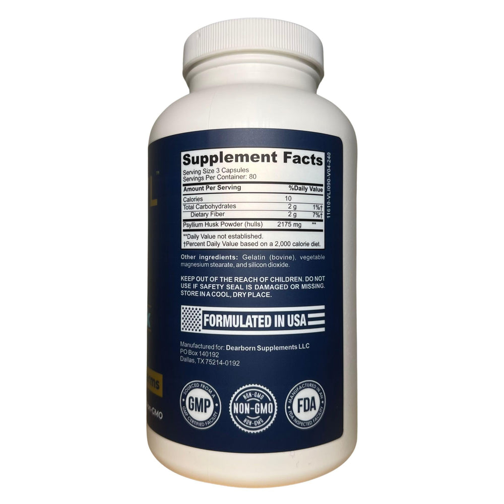 TRTL Psyllium Husk Capsules bottle side view showing 240-count supply for long-term use