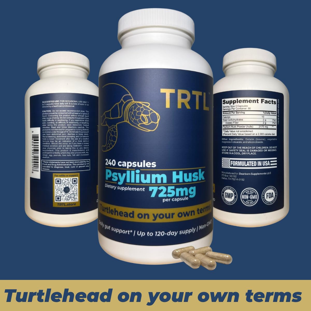 TRTL Psyllium Husk Capsules product shot with clean branding