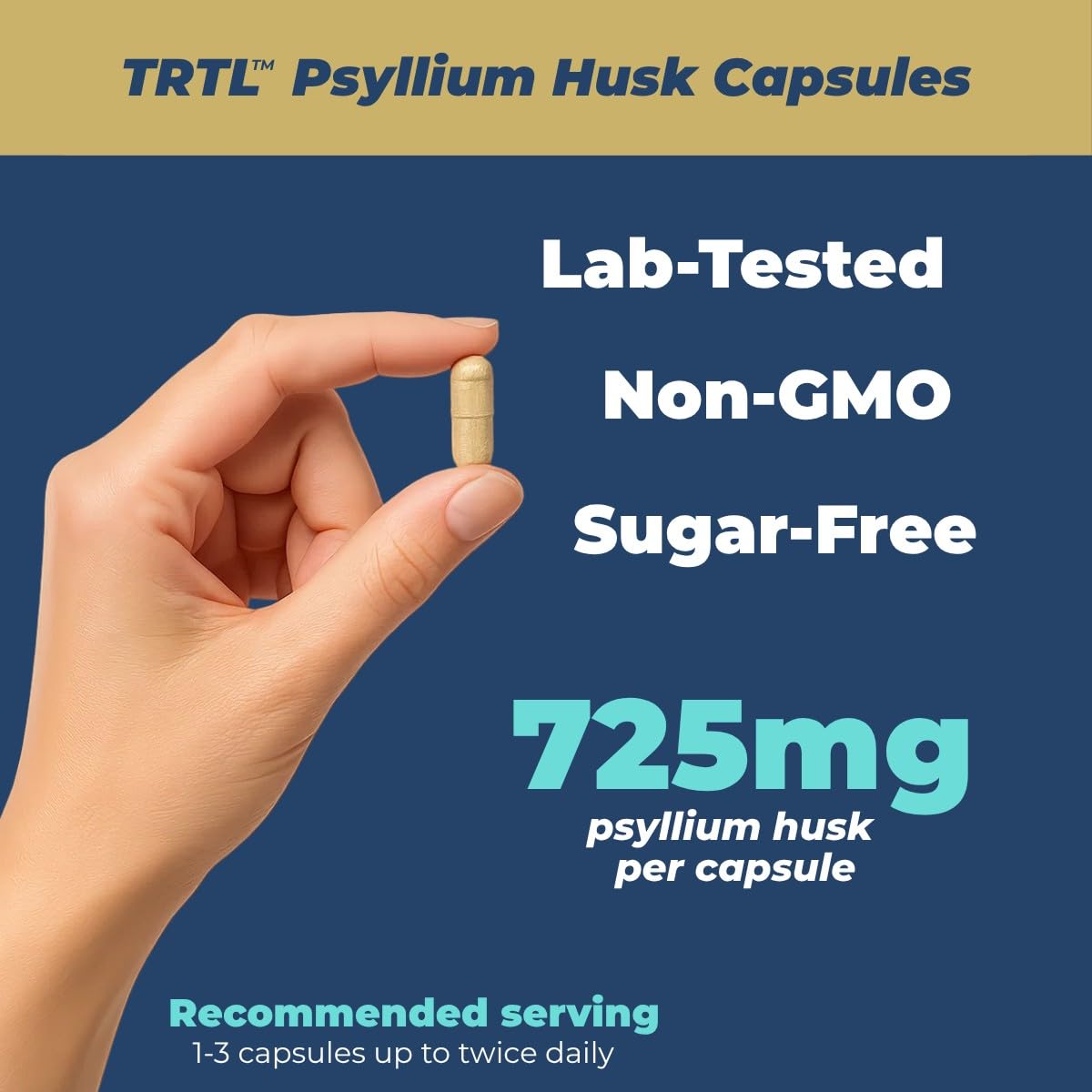 TRTL Psyllium Husk Capsules bottle with water illustrating easy intake