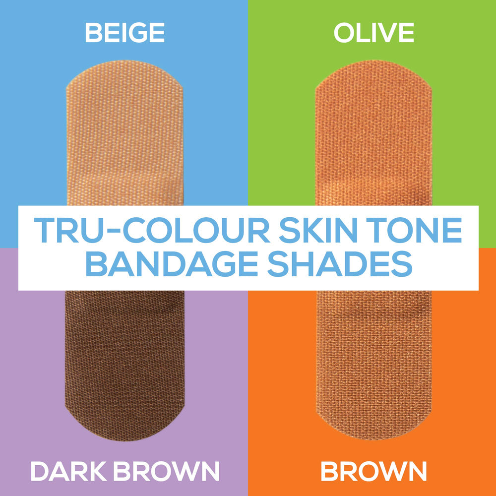 Tru-Colour bandages in beige, olive, dark brown shades match skin tones for natural protection.