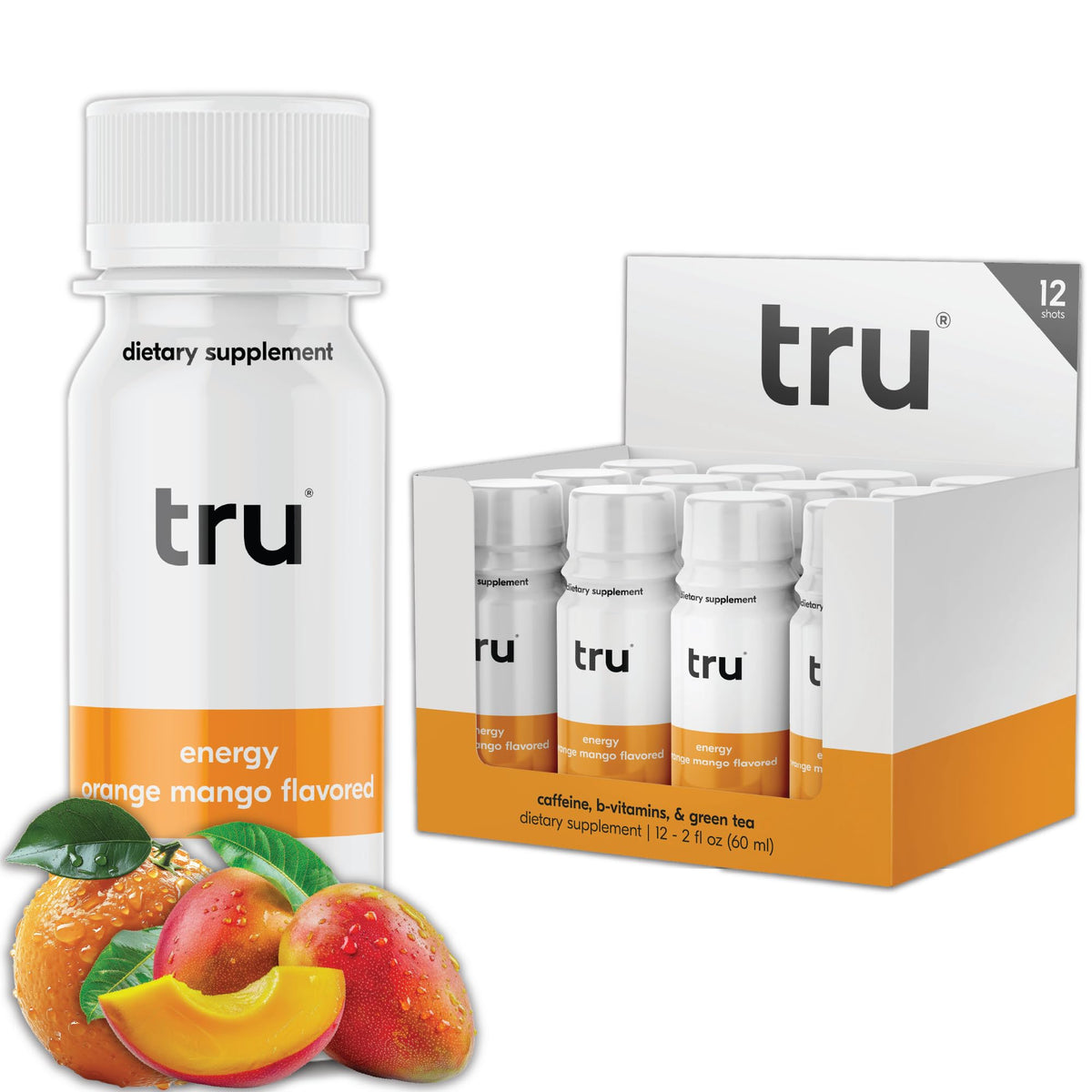 Tru Energy Shot orange mango bottle for quick clean energy on the go.