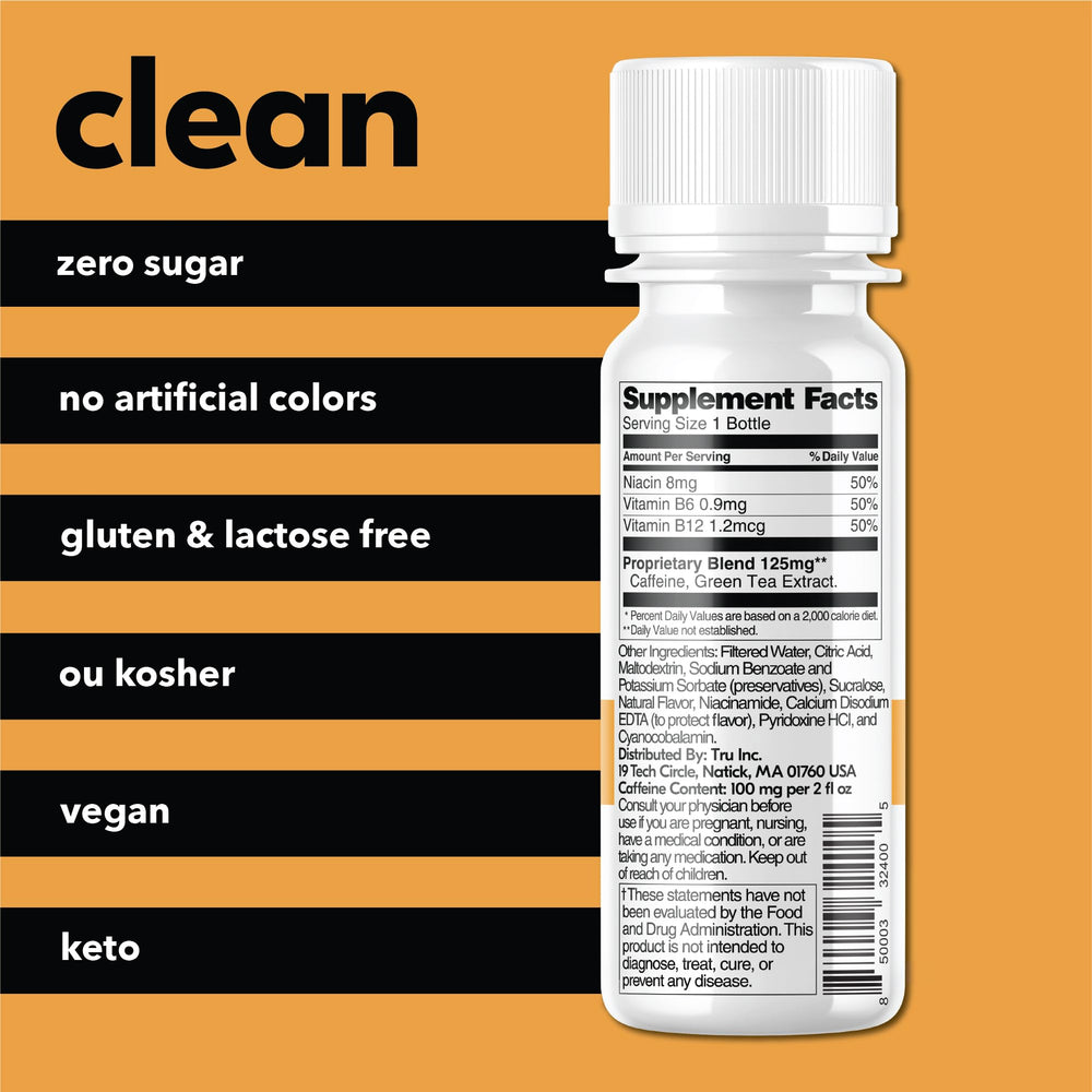 Tru Energy Shot orange mango label highlights zero sugar and zero calories.