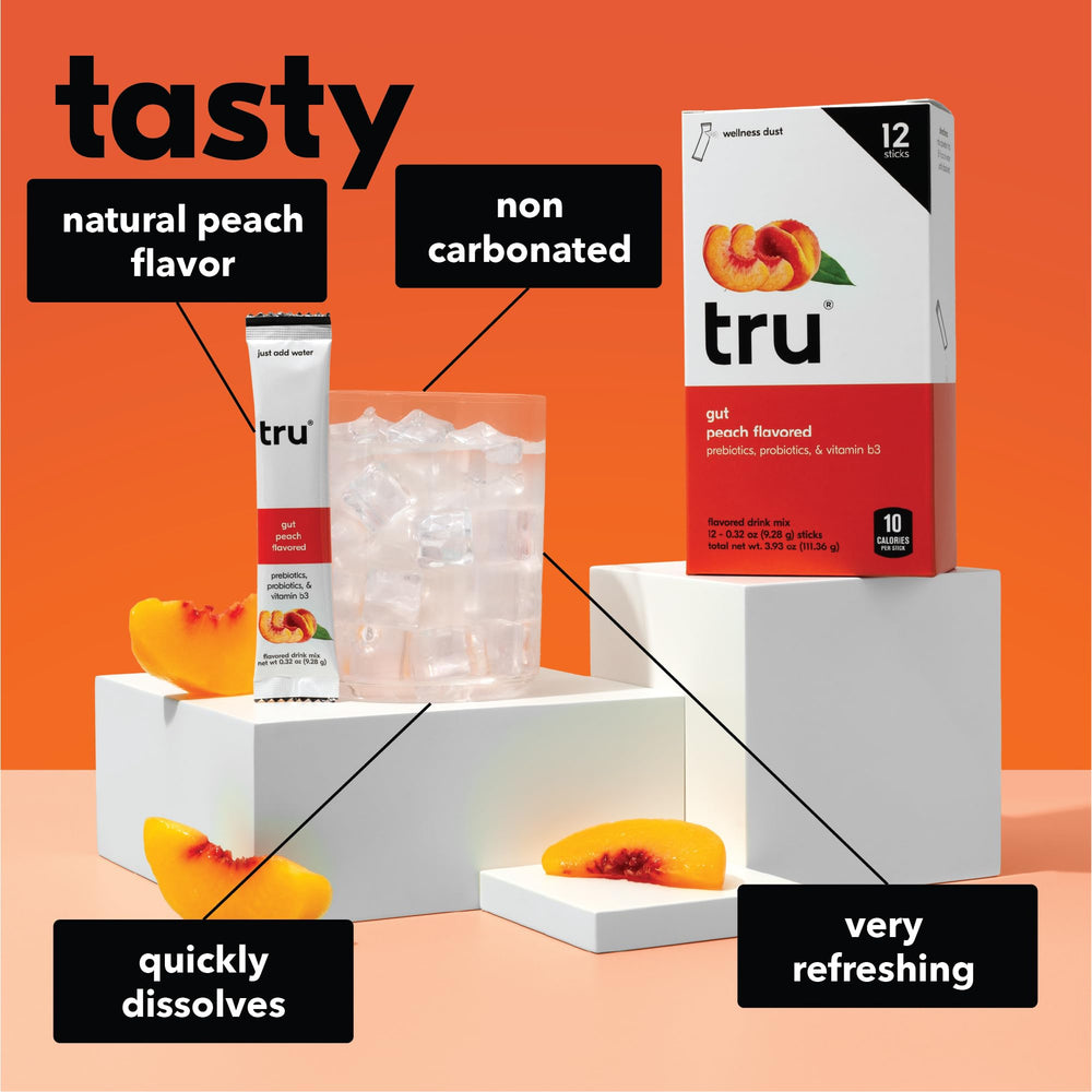 Tru Gut Powder bottle with gluten-free and vegan label