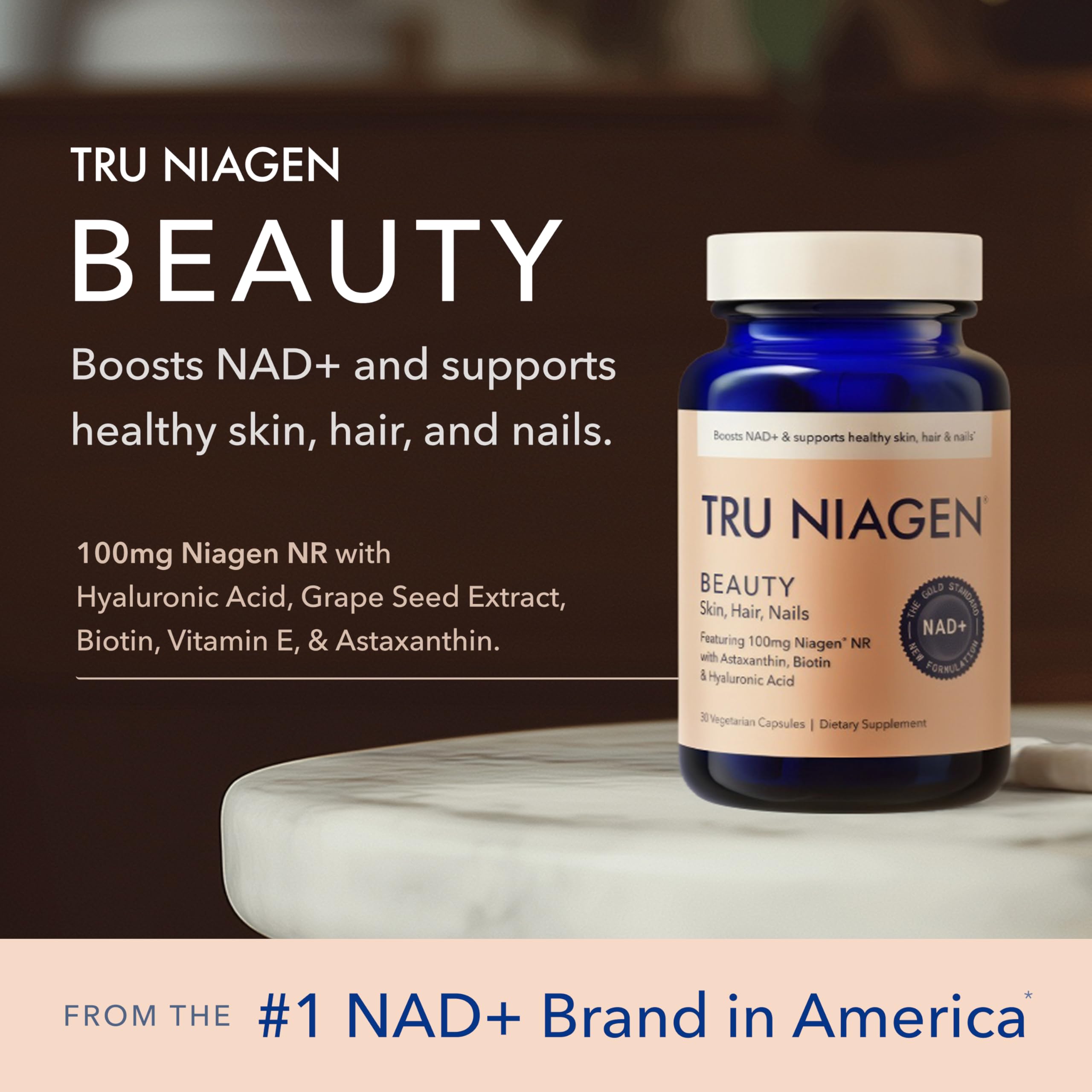 TRU NIAGEN Beauty NAD+ bottle back showing serving size and ingredients