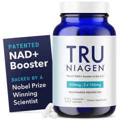 TRU NIAGEN bottle close-up showing NAD+ support capsules for daily energy.