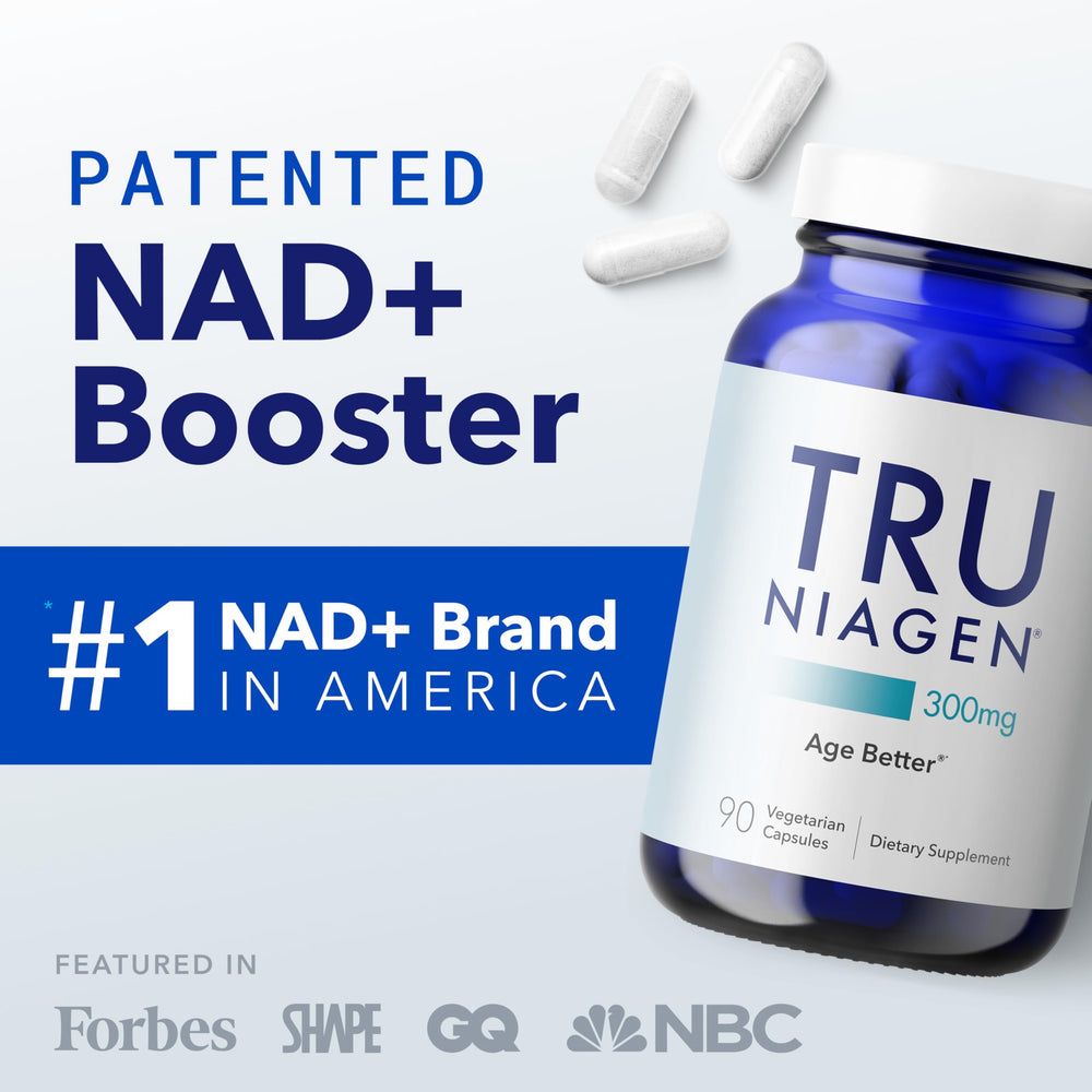 TRU NIAGEN daily-dose capsule next to glass of water