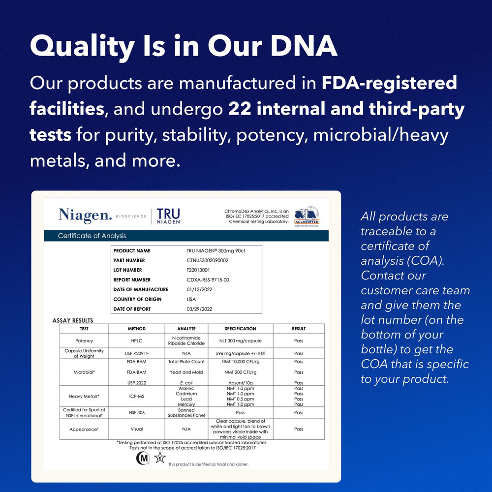 TRU NIAGEN science label notes patented NR and safety testing