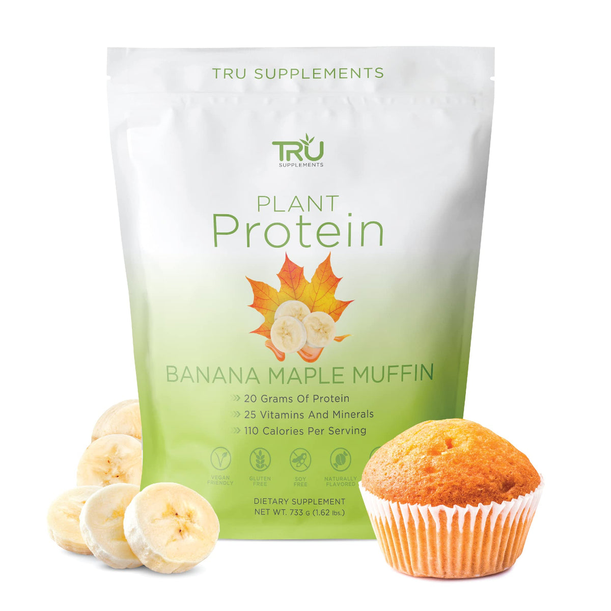 TRU Supplements Banana Maple Muffin powder tub highlighting plant protein for active recovery