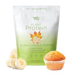 TRU Supplements Banana Maple Muffin powder tub highlighting plant protein for active recovery