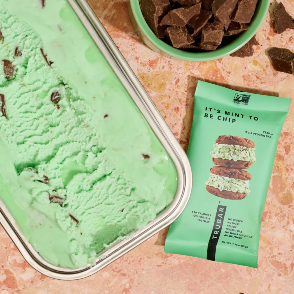TRUBAR bar close-up emphasizing 12g protein and non-GMO credentials.