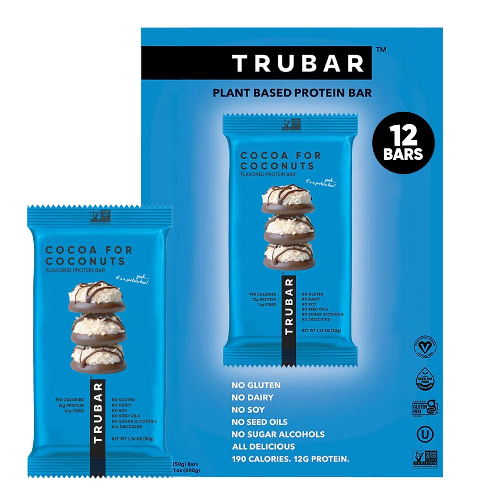 TRUBAR Cocoa For Coconuts packaging showing a plant-based snack for on-the-go fueling