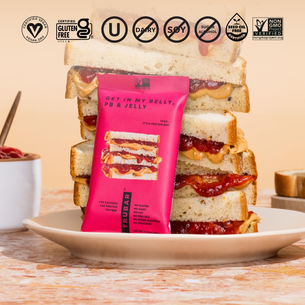 TRUBAR Get In My Belly PB & Jelly bar packaging highlights gluten-free claim.