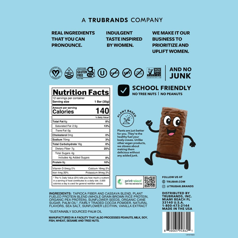 TRUBAR Kids Protein Bars Fudge-Tastic Brownie bar close-up, rich cocoa flavor for kids