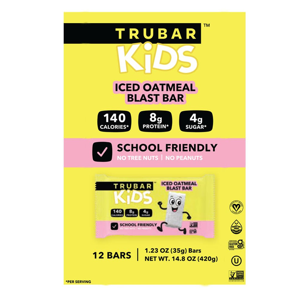 Close-up of TRUBAR Iced Oatmeal Blast ingredients and plant-based protein components