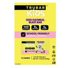 Close-up of TRUBAR Iced Oatmeal Blast ingredients and plant-based protein components