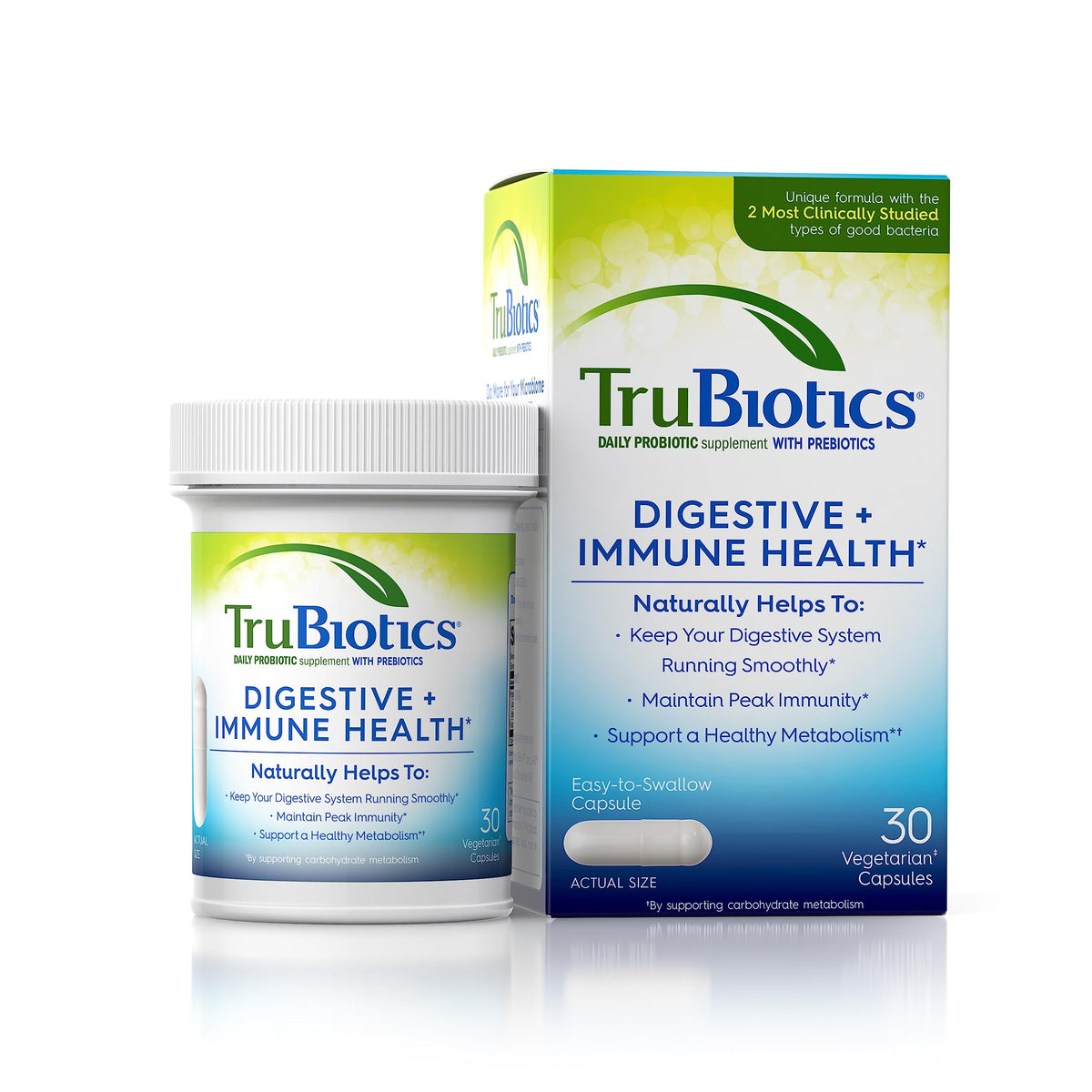 TruBiotics bottle front showing probiotic blend for digestive and immune support.