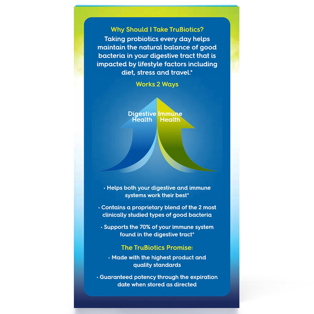 TruBiotics bottle highlights dairy-free immune support and gut health.