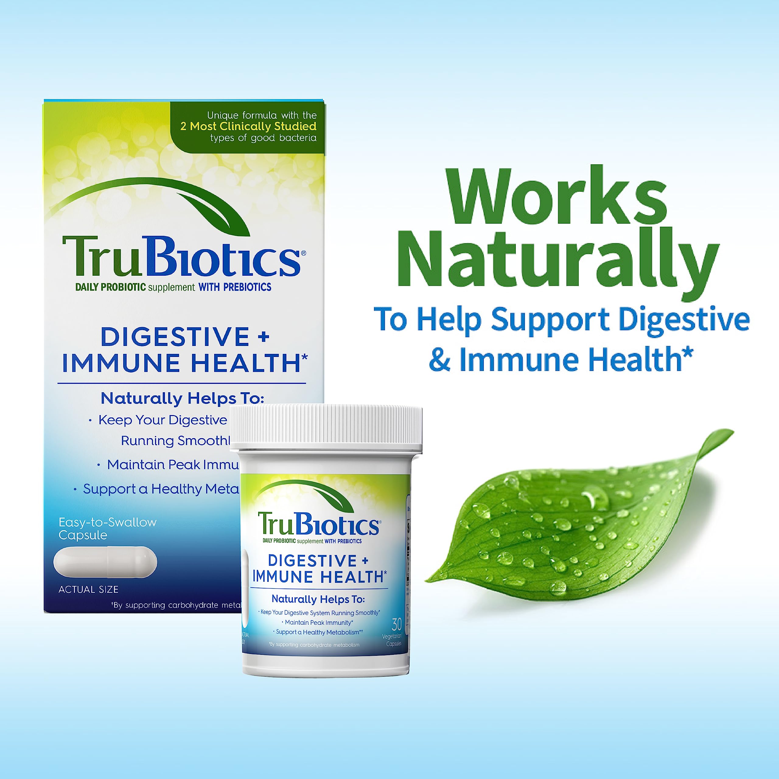 TruBiotics label detailing prebiotics and probiotics for digestive health.