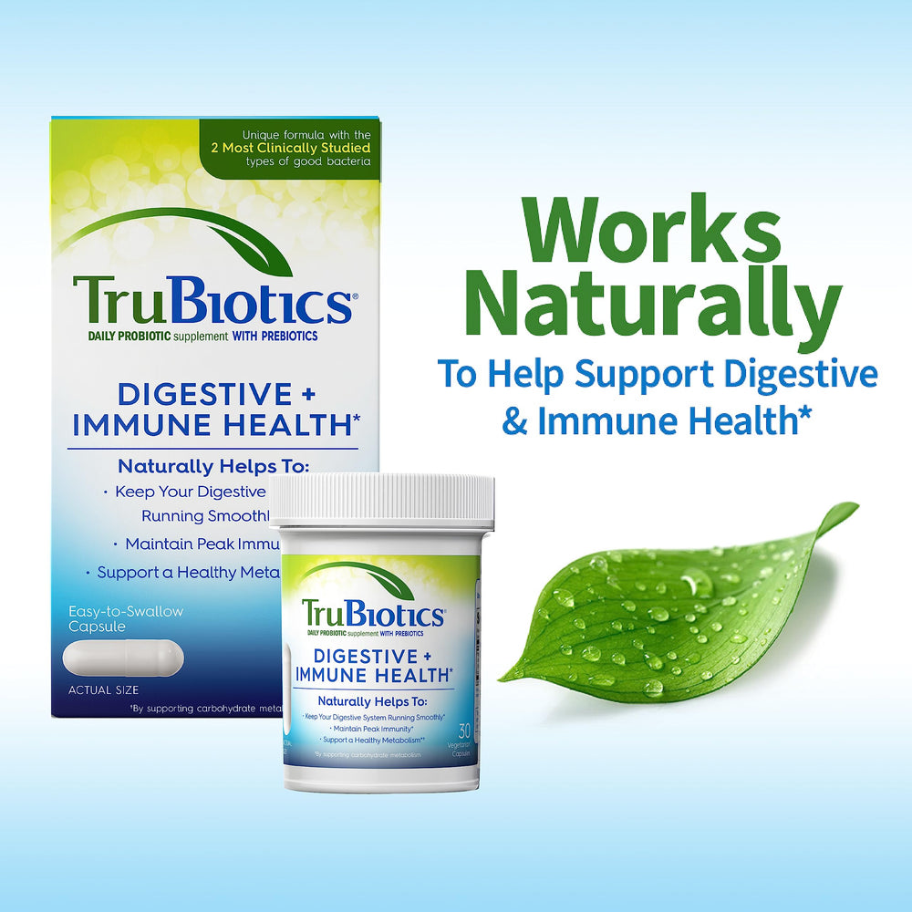 TruBiotics label detailing prebiotics and probiotics for digestive health.