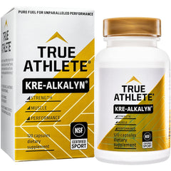 True Athlete Kre-Alkalyn 1500mg bottle illustrating buffered creatine for steady training sessions.