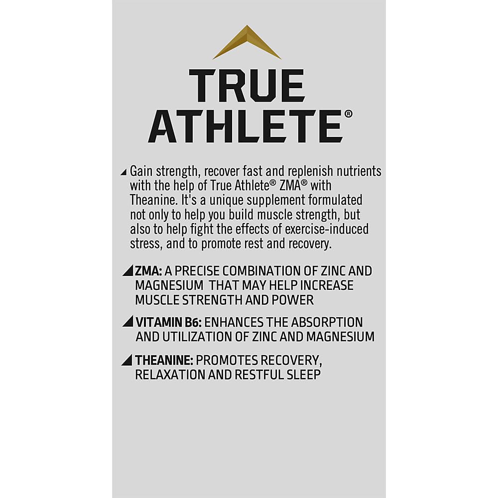 Nutrition facts panel for True Athlete ZMA with Theanine underlining clean sport status
