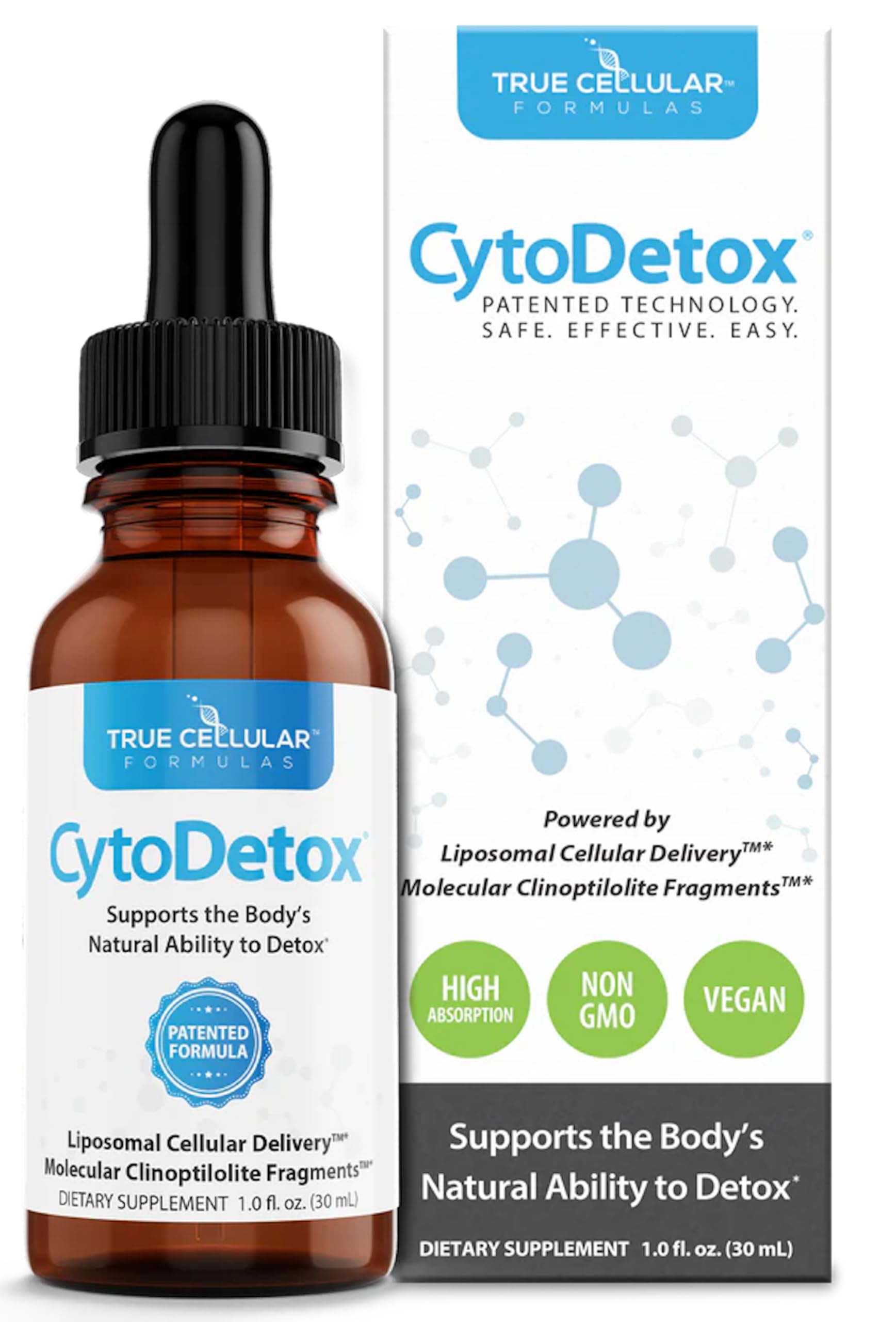 True Cellular Formulas Cytodetox bottle closeup for gentle detox support at home.