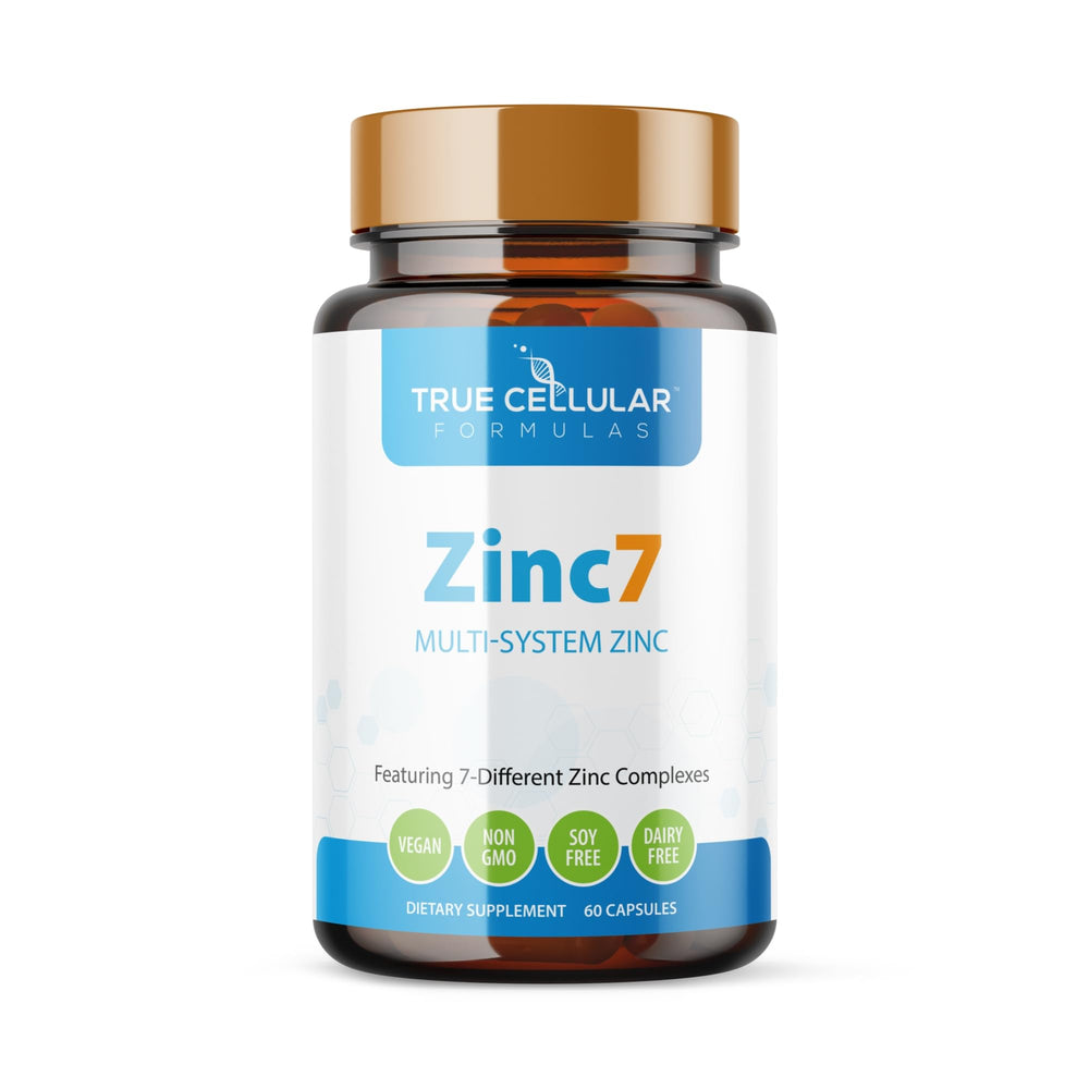 True Cellular Formulas Zinc7 bottle with capsules shown for immune support.