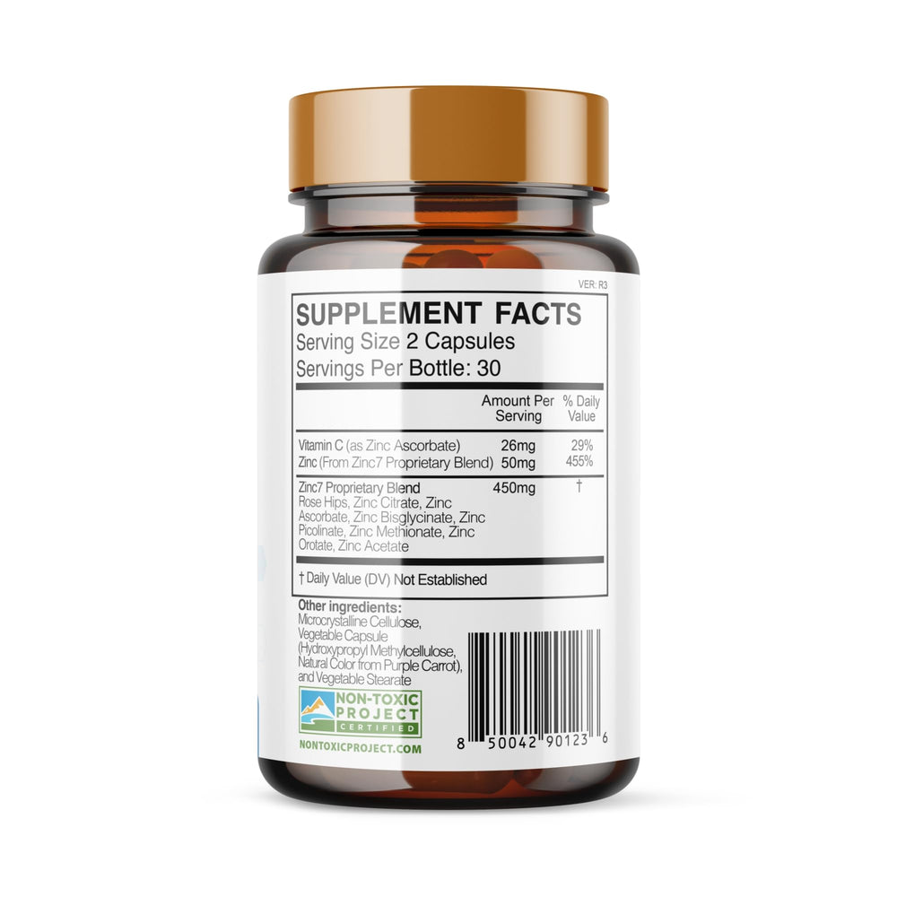 Zinc7 tablet close-up emphasizing vegan capsules and daily intake.