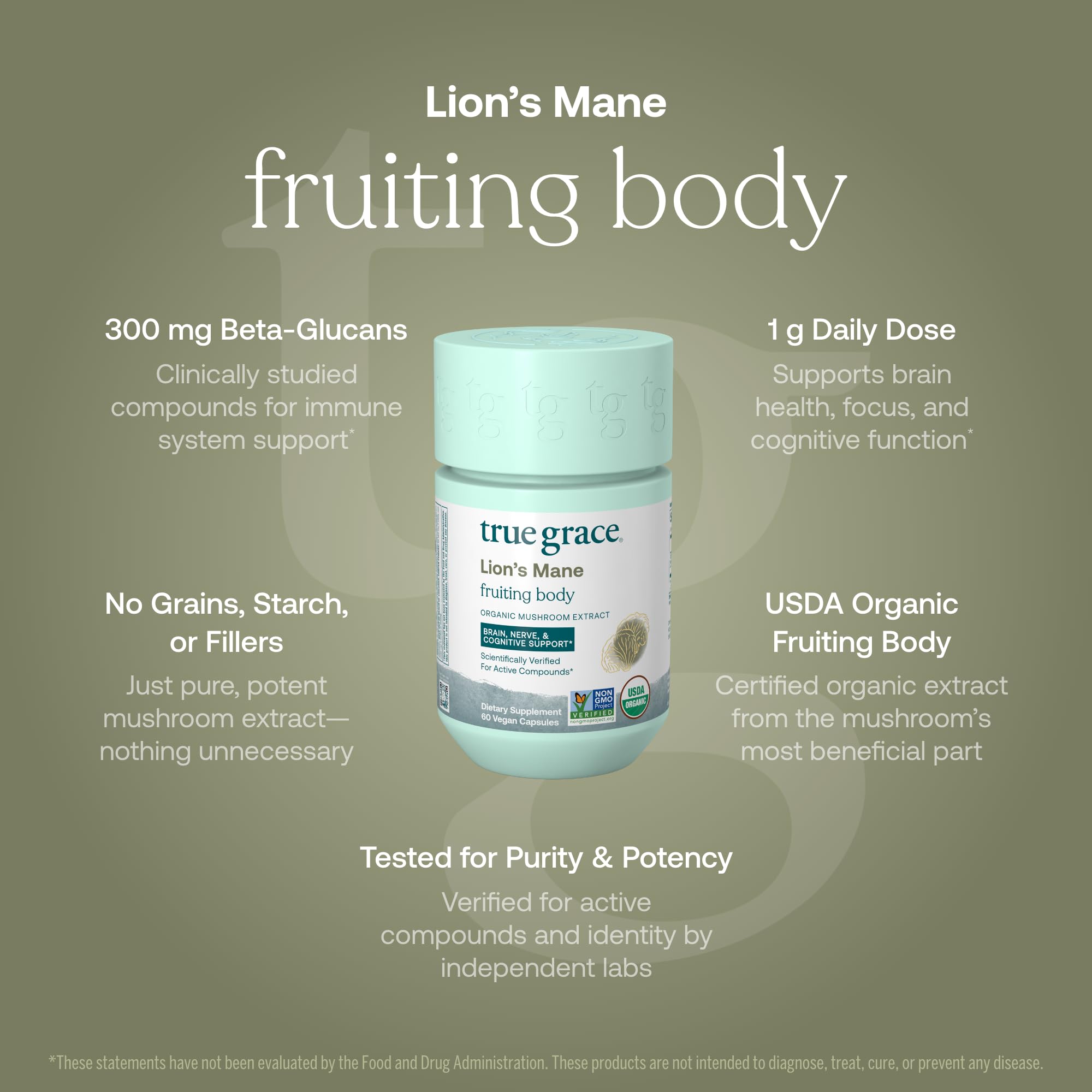 True Grace Alkemist Labs testing symbol beside Lion's Mane capsules indicating purity