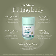 True Grace Alkemist Labs testing symbol beside Lion's Mane capsules indicating purity
