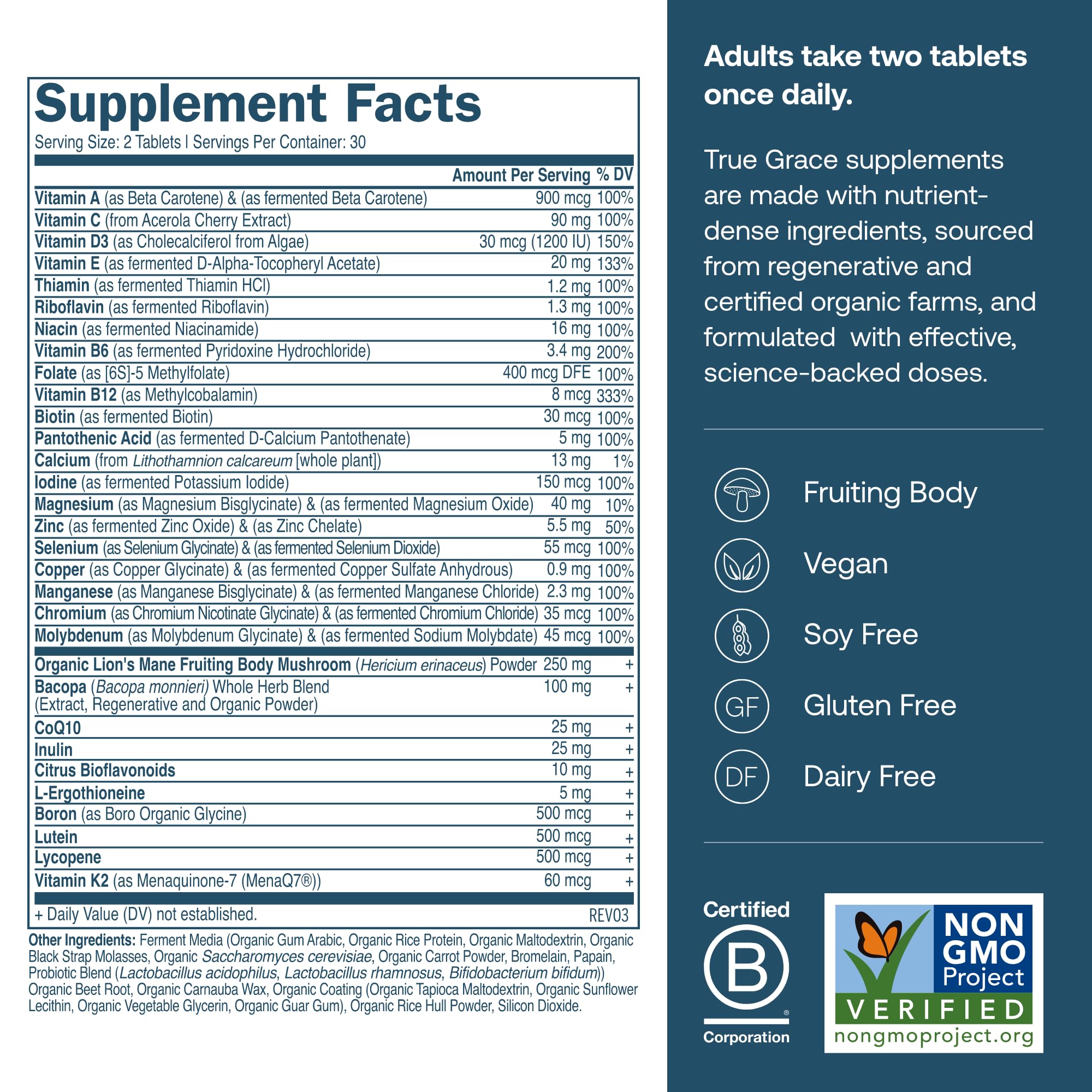 True Grace Daily Men's Multivitamin bottle back with ingredient notes and allergen info.