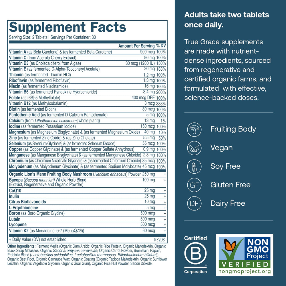 True Grace Daily Men's Multivitamin bottle back with ingredient notes and allergen info.