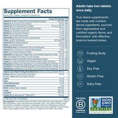 True Grace Daily Men's Multivitamin bottle back with ingredient notes and allergen info.