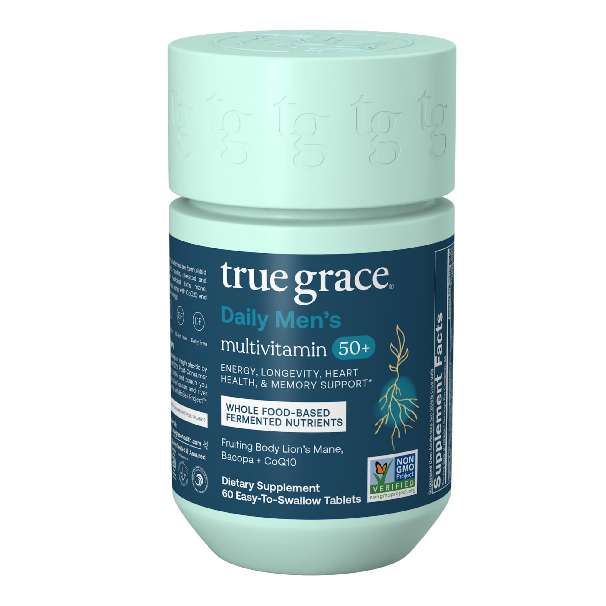 True Grace Daily Men's Multivitamin bottle front showing packaging and label details for 50+ adults.
