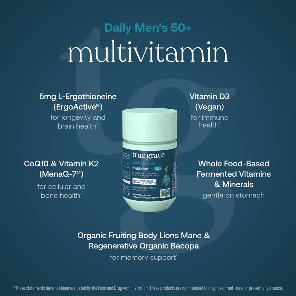 Close-up of daily multivitamin tablets highlighting small, easy-to-swallow shape.