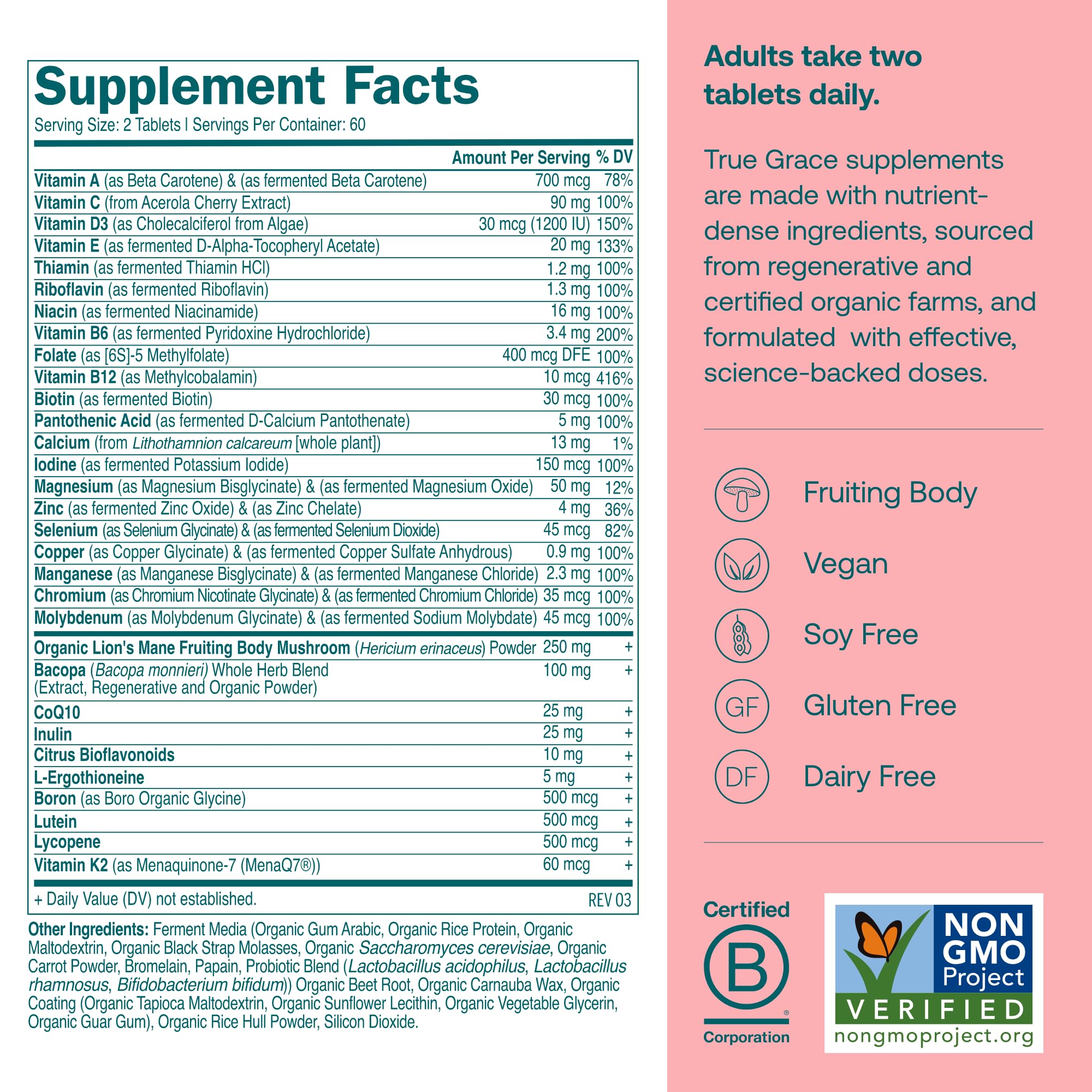 True Grace Daily Women’s Multivitamin 50+ bottle back shows ingredients and allergen-free profile
