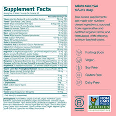 True Grace Daily Women’s Multivitamin 50+ bottle back shows ingredients and allergen-free profile