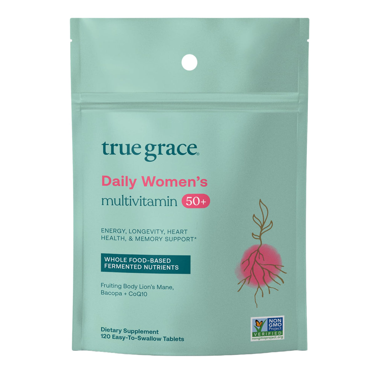 True Grace Daily Women’s Multivitamin 50+ bottle front with easy-to-swallow tablets for daily wellness
