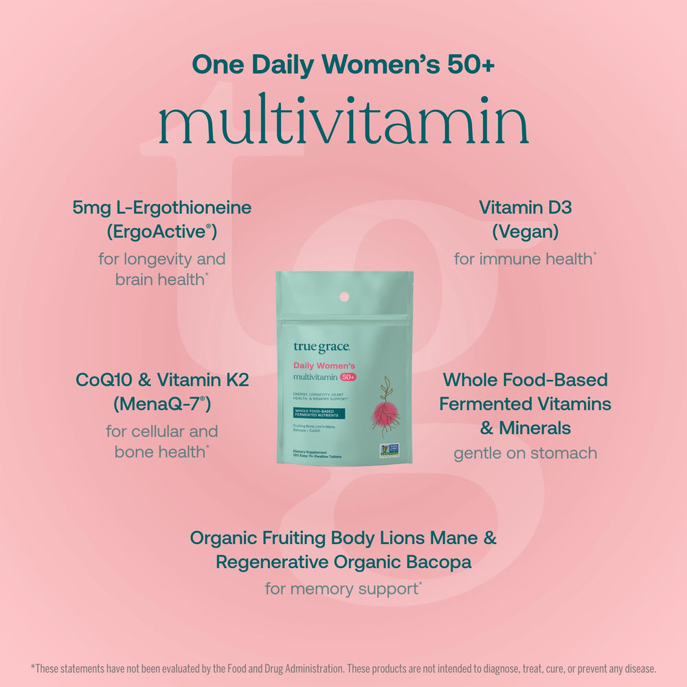 True Grace Daily Women’s Multivitamin 50+ tablets close-up emphasizes easy-to-swallow design