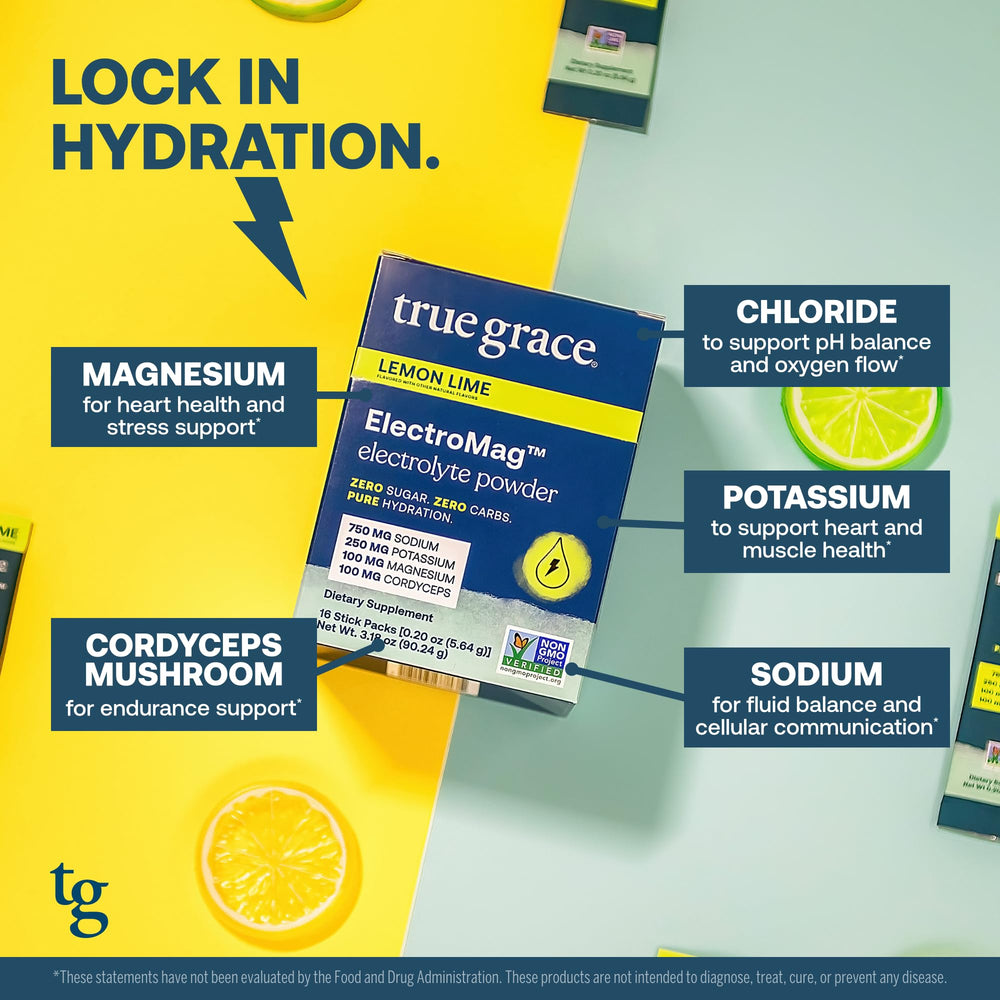 True Grace ElectroMag Lemon Lime cordyceps-powered hydration for stamina during workouts.