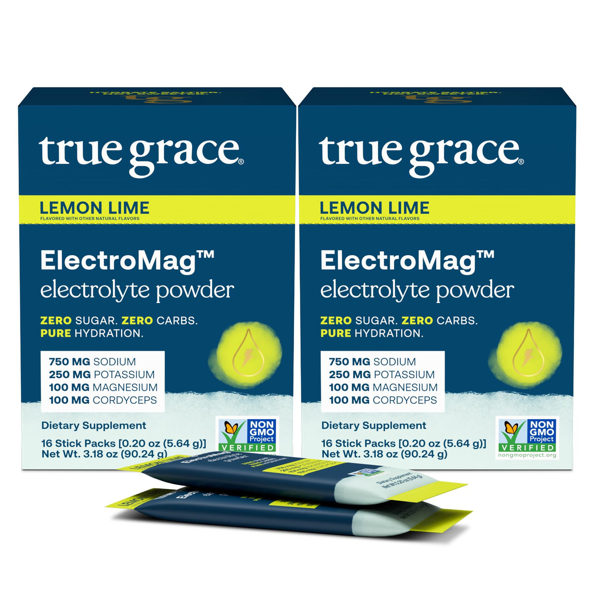 True Grace ElectroMag Lemon Lime stick pack front for quick hydration during workouts.