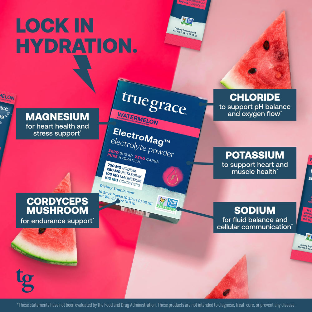 True Grace ElectroMag watermelon packaging shows zero sugar and non-GMO.